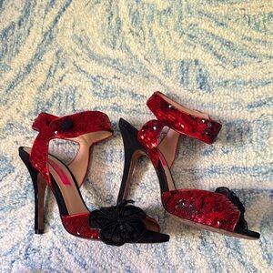 Betty Johnson red sequin peep toe ankle straps stiletto heels 8.5